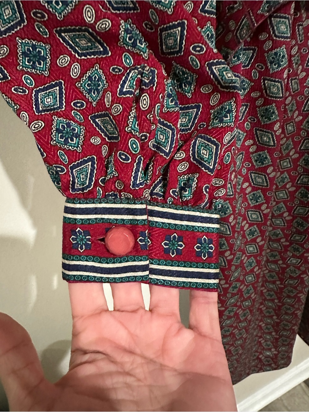 Vintage Schrader Red Geometric Belted Shirt Dress Retro Fits XL Midi Pockets - Picture 12 of 16